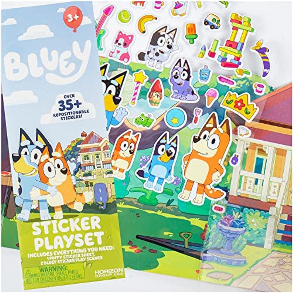 Bluey Sticker Playset, Adesivos Azuis Reutilizáveis para Crianças, Conjunto interativo de jogo de adesivos puffy, presente de festa de aniversário azu