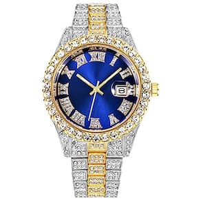Relógio masculino big rocks com algarismos romanos totalmente gelado com mostrador colorido dourado (prata ouro azul)