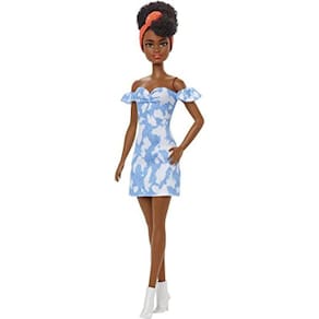Barbie Fashionistas #185, Cabelo Preto, Vestido Denim Decotado Desbotado, Bandana Laranja, Botas Brancas, Brinquedo 3-8 Anos