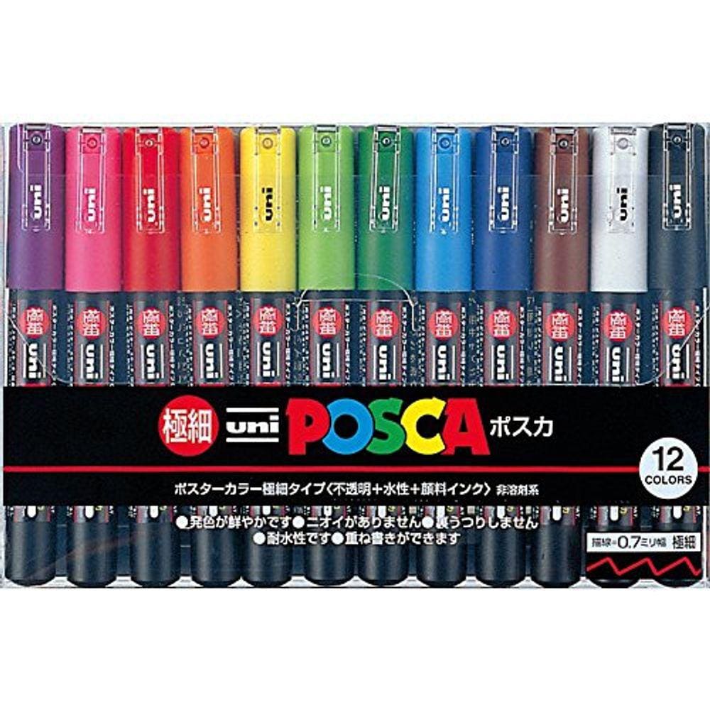 Caneta marcadora de tinta Uni-posca - Ponta Extra Fina - Conjunto de 12 (PC-1M12C)