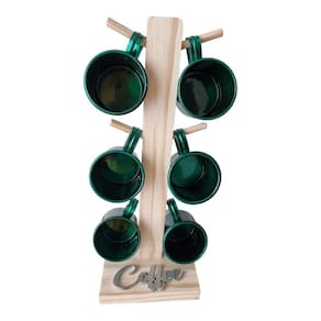 Kit Jogo 6 Xícara Verde Café Suporte Madeira Mesa Cozinha