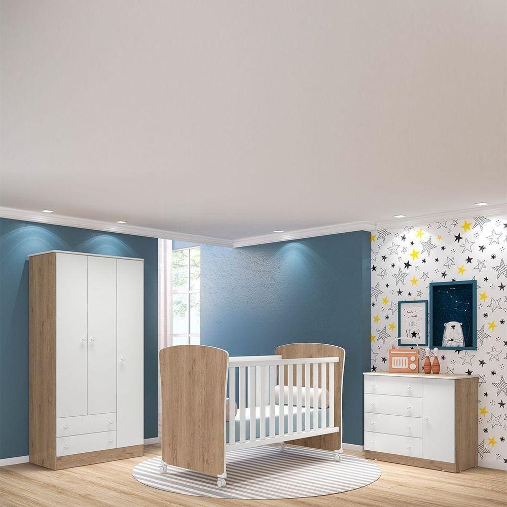Mini Cama E Guarda Roupa Infantil 3 Portas E Carvalho/Branco