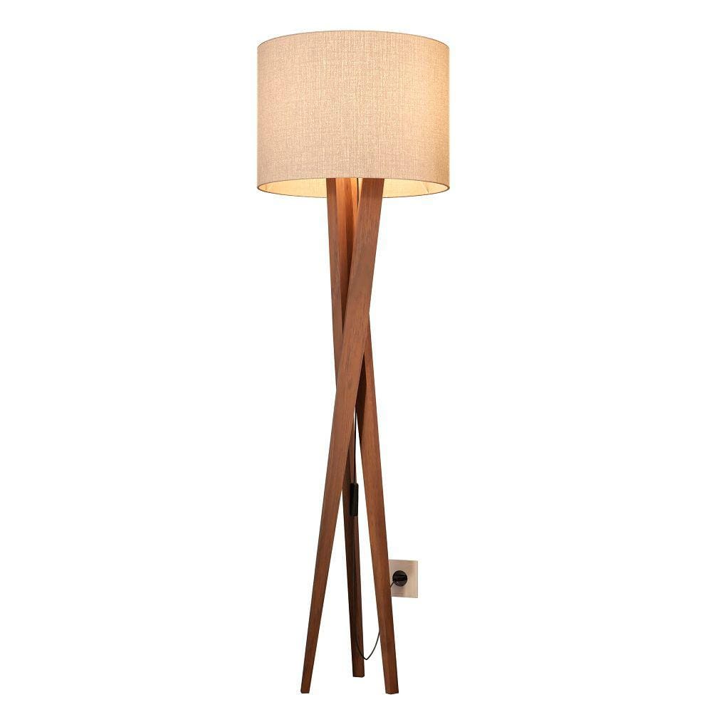 Luminária de pé Tripé com pés de madeira rustico cupula palha