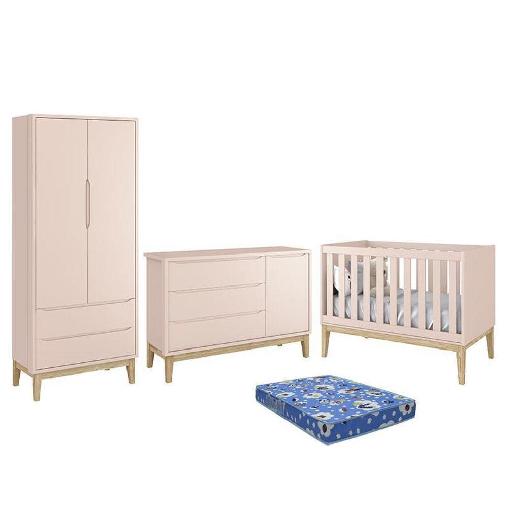 Dormitório Infantil Classic 2 Portas, Cômoda 1 Porta, Berço com Pés Madeira Natural e Colchão - Reller Móveis