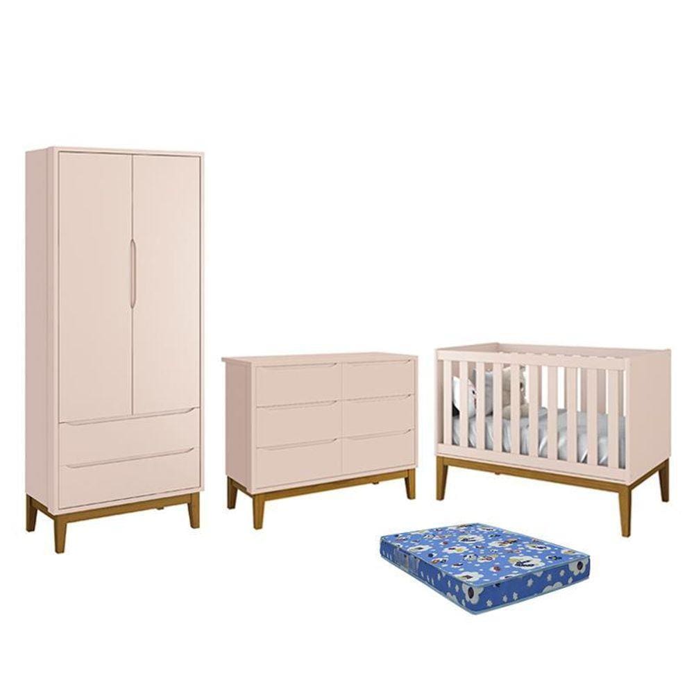 Dormitório Infantil Classic 2 Portas, Cômoda 6 Gavetas, Berço com Pés Amadeirado e Colchão - Reller Móveis