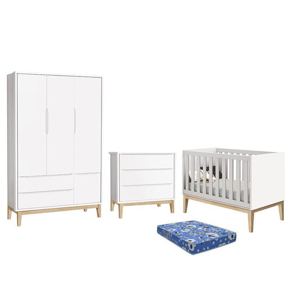 Dormitório Infantil Classic 3 Portas, Cômoda 3 Gavetas, Berço com Pés Madeira Natural e Colchão - Reller Móveis