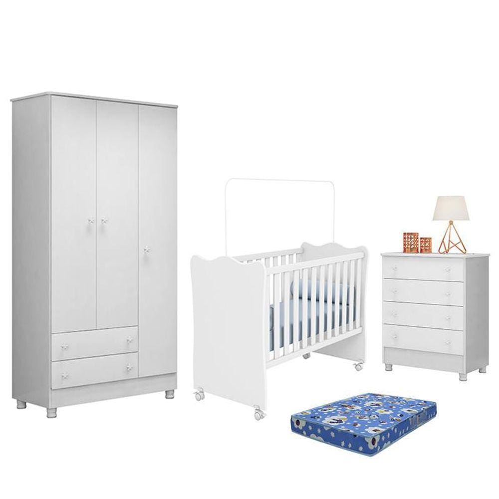 Dormitório Doce Sonho 3 Portas, Cômoda 4 Gavetas, Berço com Rodízio e Colchão - Qmovi