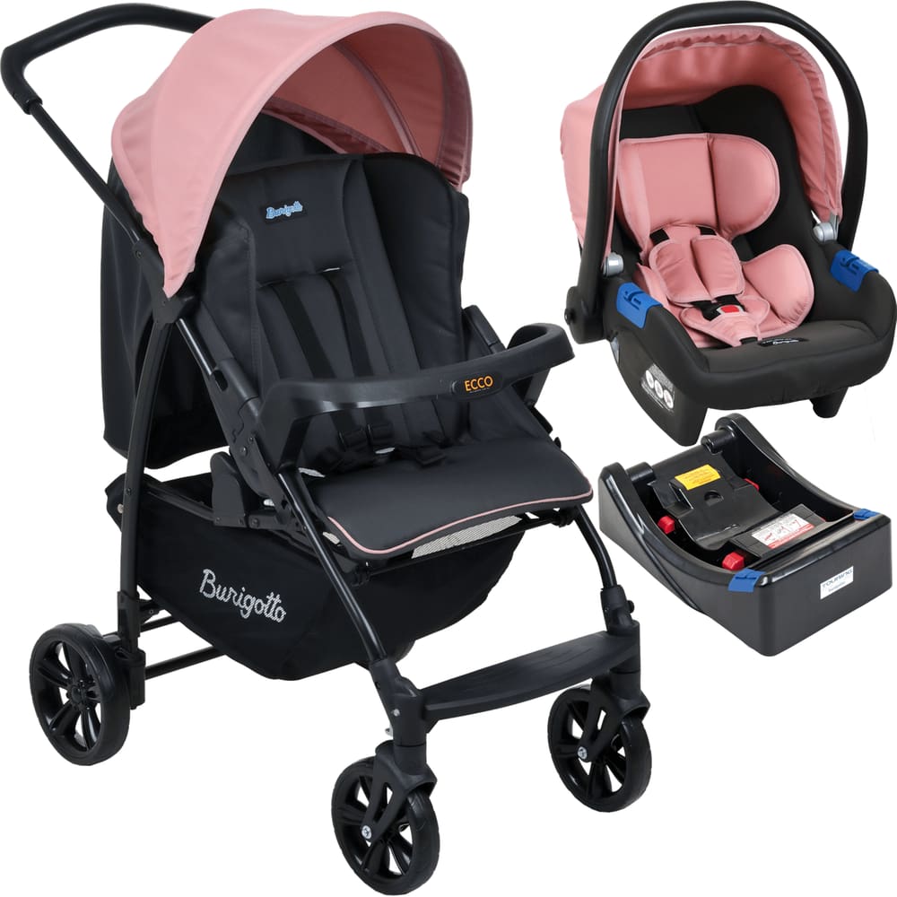 Carrinho de Passeio Ecco Cz/rosa + Bebê Conforto + Base - Burigotto