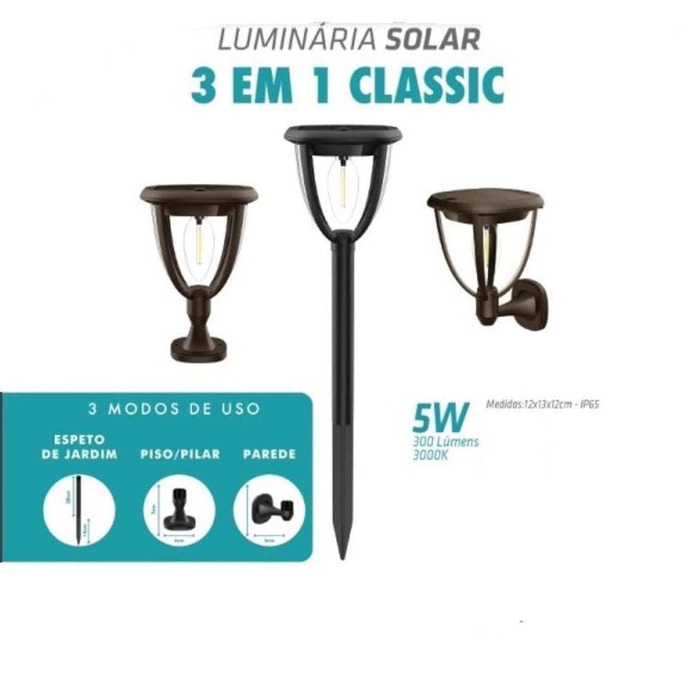 Luminária Solar 3 Em 1 Fixa Jardim E Parede Piso 5w Marrom Externa Automática Arandela Muro Estacionamento Acende Noit