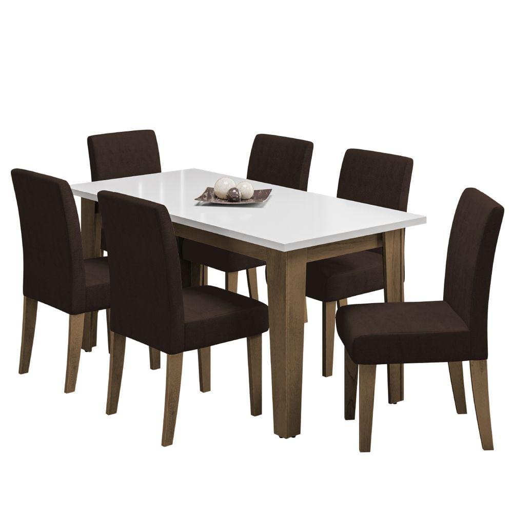 Conjunto de Mesa Sala de Jantar Miami com 6 Cadeiras Trieste Suede 1,60m Cedro / Off White / Chocolate Dobuê