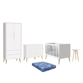 Dormitório Theo 2 Portas, Cômoda 6 Gavetas, Berço, Mesa de Canto com Pés Madeira Natural e Colchão - Reller Móveis