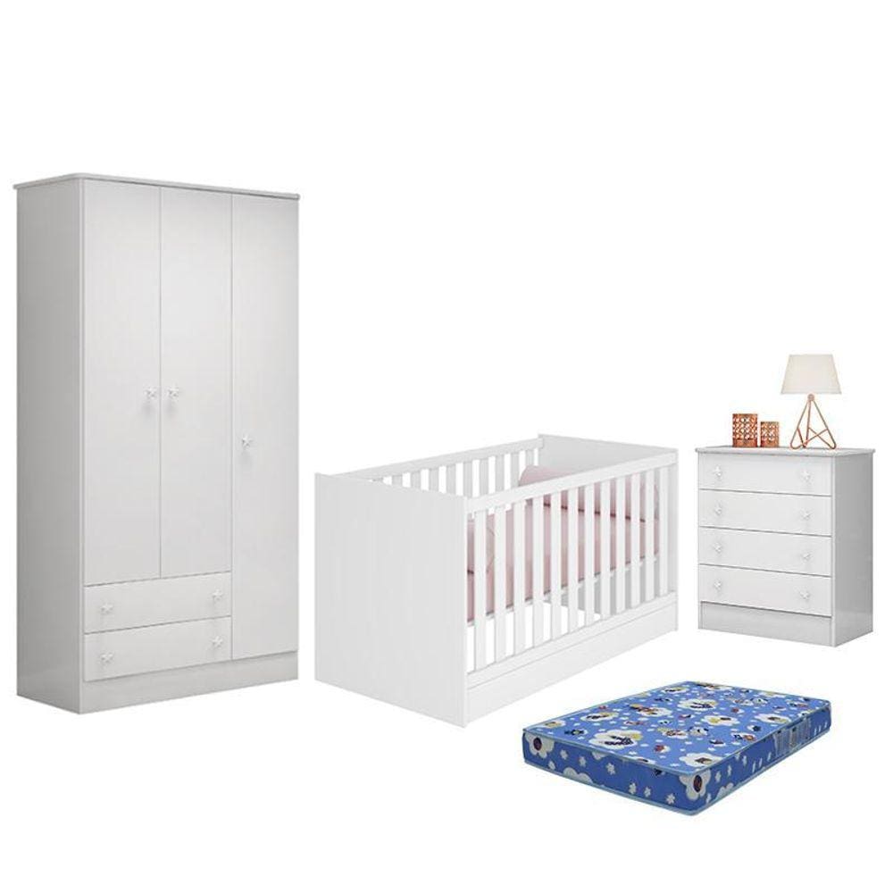 Dormitório Doce Sonho 3 Portas, Cômoda 4 Gavetas e Berço Mini Cama com Colchão - Qmovi