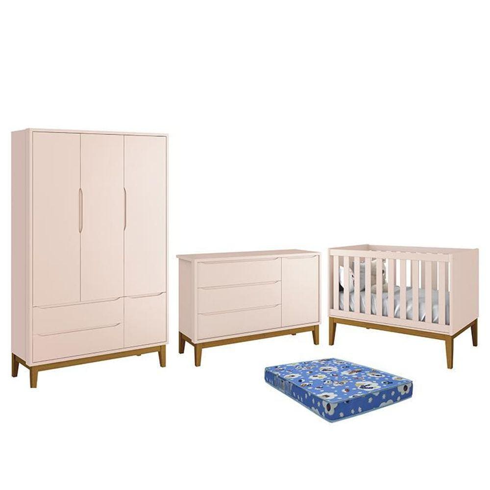 Dormitório Infantil Classic 3 Portas, Cômoda 1 Porta, Berço com Pés Amadeirado e Colchão - Reller Móveis