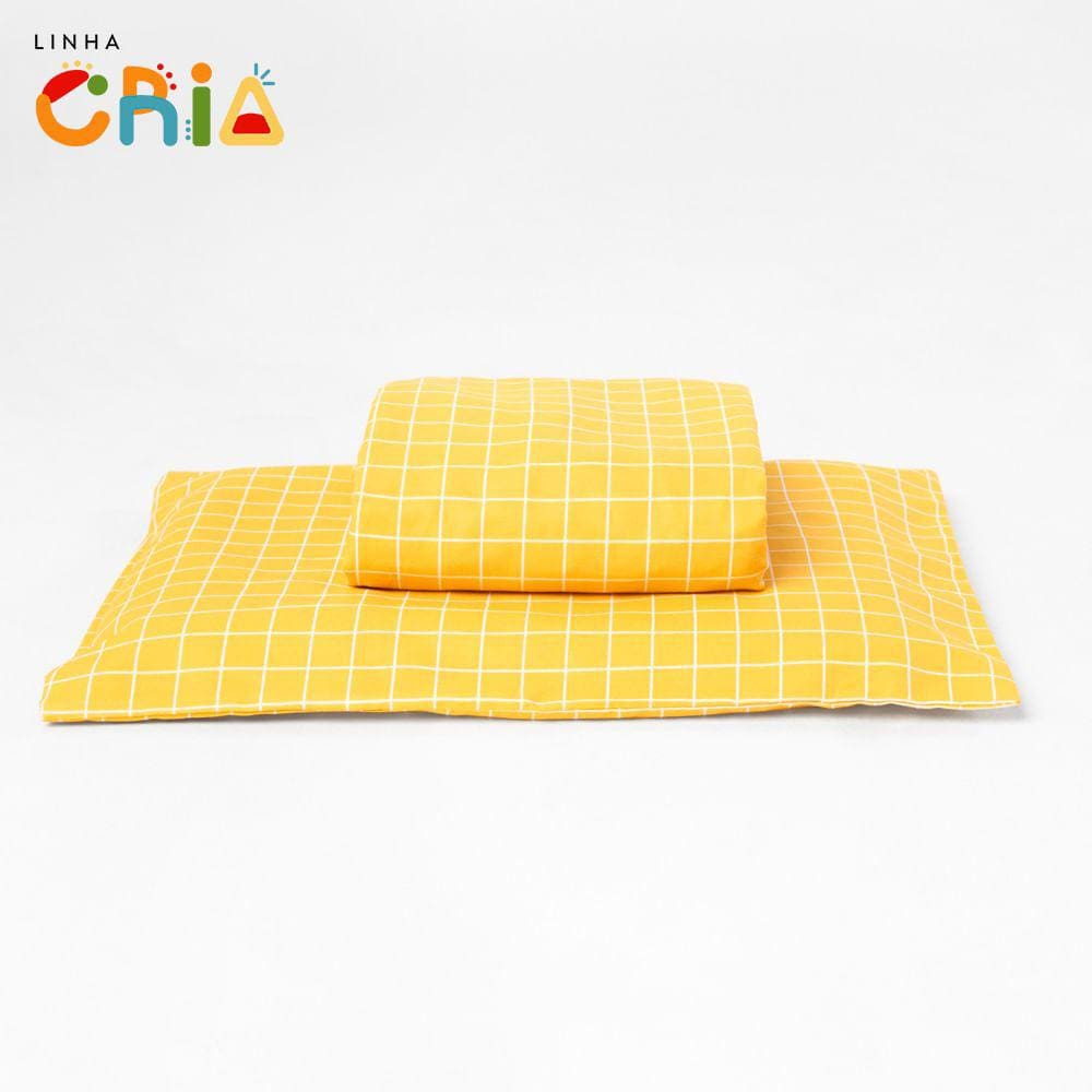 Lençol de Mini Cama com Elástico e Fronha - Xadrez Amarelo e Branco