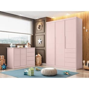 Jogo de Quarto com Guarda Roupa 3 Portas e 4 Gavetas + Cômoda 2 Portas e 4 Gavetas Pérola Rosê - Phoenix Baby