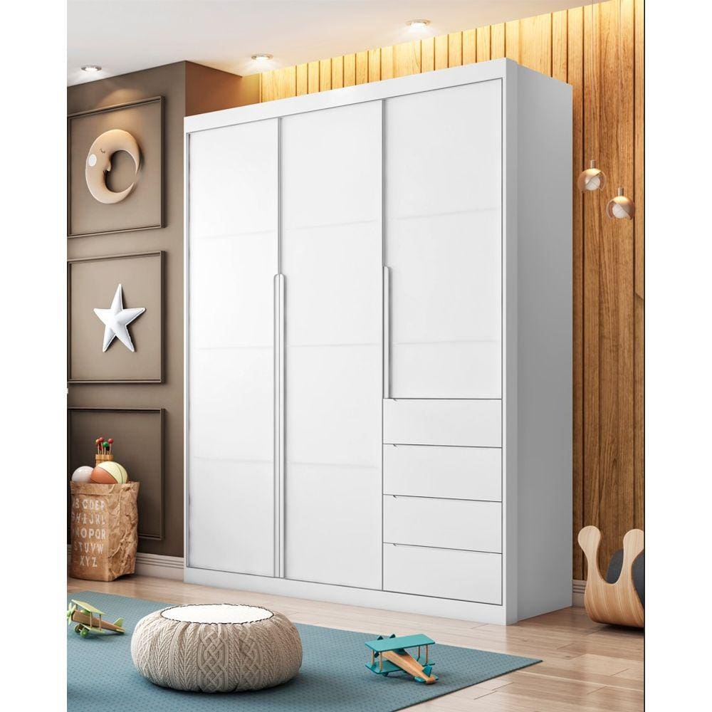Guarda Roupa 3 Portas e 4 Gavetas Pérola Branco - Phoenix Baby