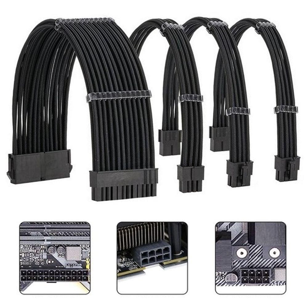 Kit 4 Cabos Sleeved Preto Extensor Fonte Atx Gpu Eps Pci-e