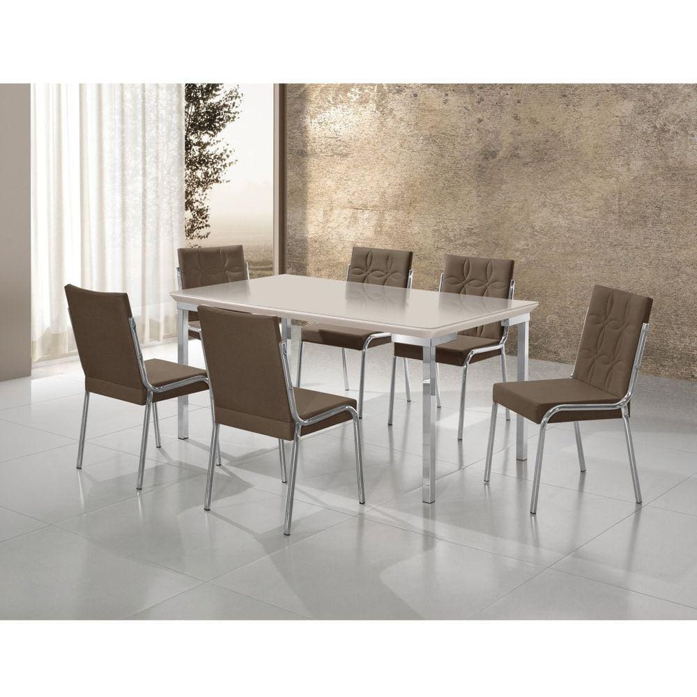 Conjunto Sala de Jantar Mesa Iza New Tampo MDF/Vidro 6 Cadeiras Natani New Cromado/Marrom