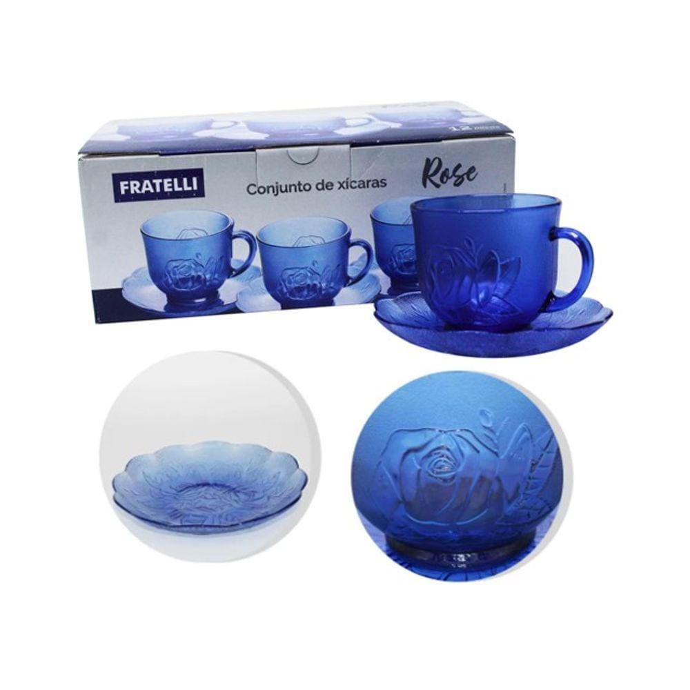 Conjunto De 6 Xícaras De Café Chá Com Pires 260ML Modelo Rosas Azul - Jogo De Cha Canecas De Vidro Utensílios De Cozinha Fratelli