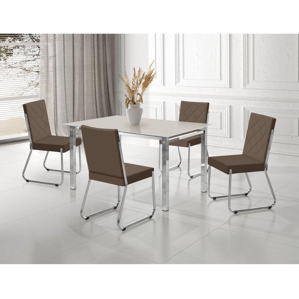 Conjunto Sala de Jantar Mesa Ortenia Tampo Vidro com 4 Cadeiras Dinah Cromado/Marrom/Off White