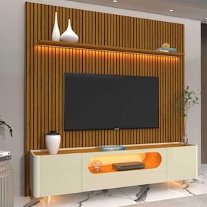 Rack com Painel para TV até 85 Polegadas 1 Gaveta 2 Portas LED Pés Vidro 220cm Requinte Nobre Marromle/Off White