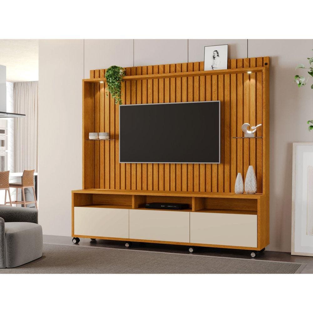 Estante Home para TVs de até 60 Polegadas com 3 Gavetas Absoluto Ripado Marromle/Off White