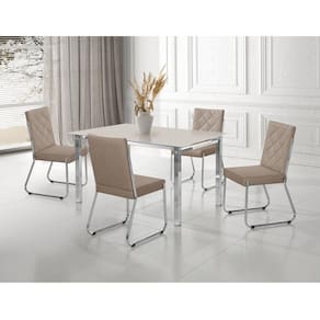 Conjunto Sala de Jantar Mesa Ortenia Tampo Vidro com 4 Cadeiras Dinah Cromado/Bege/Off White