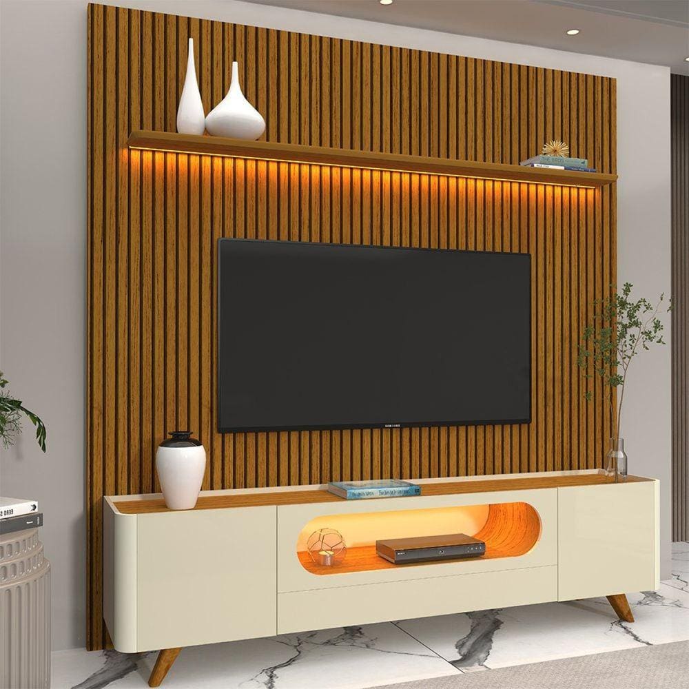 Rack com Painel para TV até 85 Polegadas 1 Gaveta 2 Portas LED Requinte Nobre Marromle/Off White