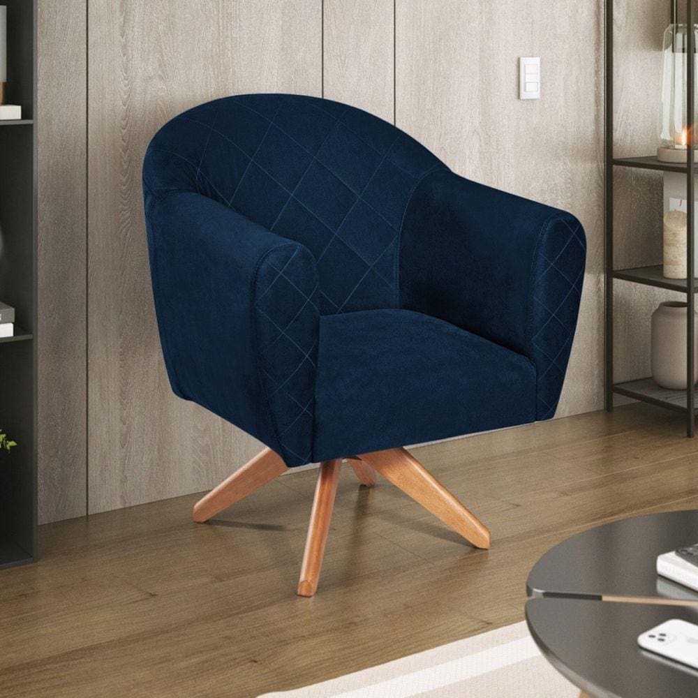 Poltrona em Suede Base Giratória de Madeira Herrera Azul Marinho