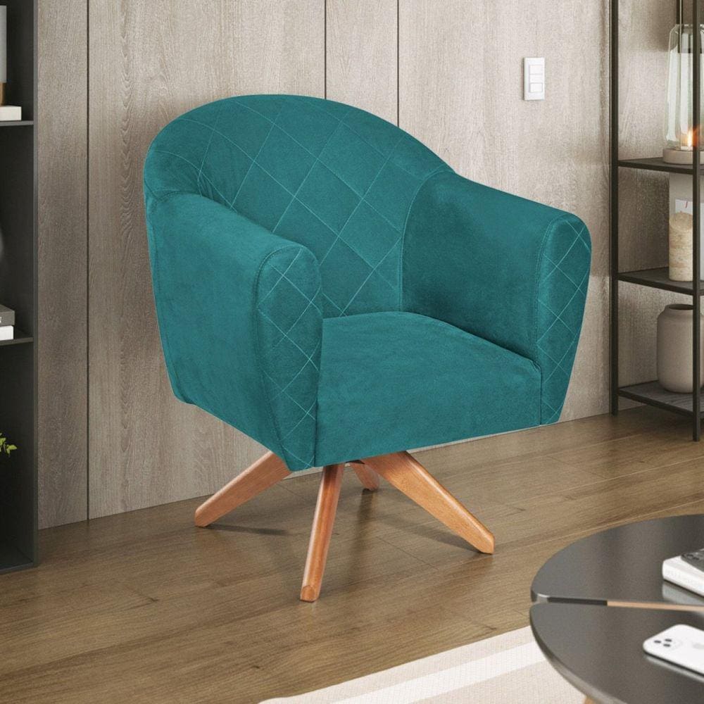 Poltrona em Suede Base Giratória de Madeira Herrera Azul Turquesa