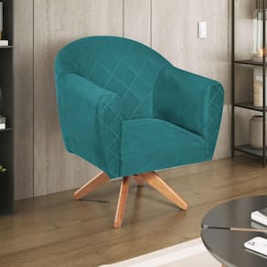 Poltrona em Suede Base Giratória de Madeira Herrera Azul Turquesa