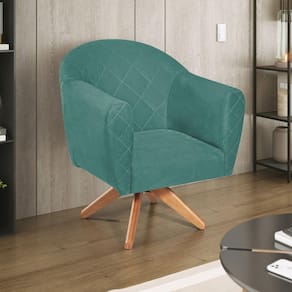 Poltrona em Suede Base Giratória de Madeira Herrera Azul Tiffany