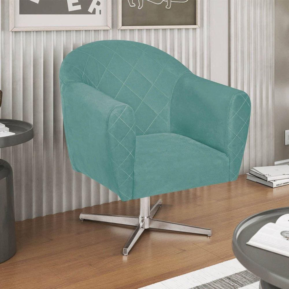 Poltrona em Suede Base Giratória de Metal Herrera Azul Tiffany