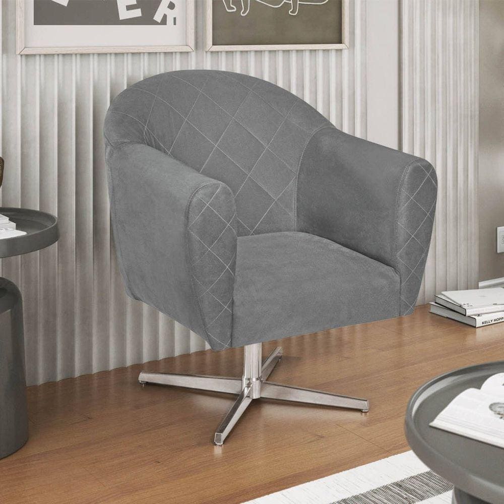 Poltrona em Suede Base Giratória de Metal Herrera Cinza
