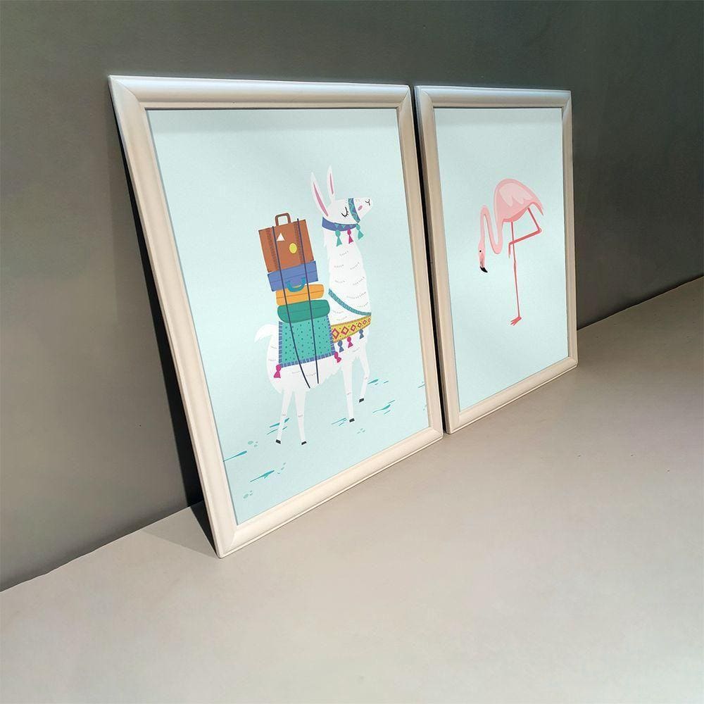 Kit 2 Quadros Decorativos Lhama E Flamingo 34x44cm