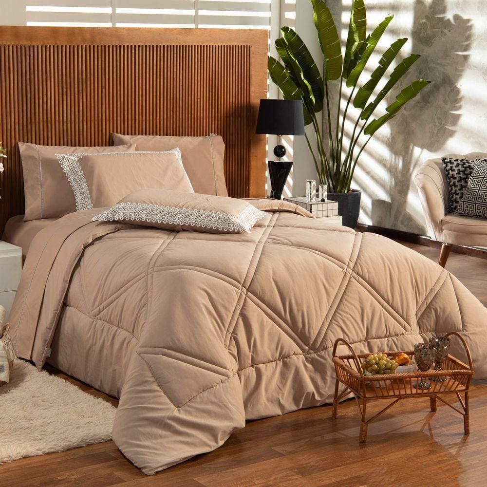 Kit Edredom Liso King 03pçs Percal 200 Fios Caqui