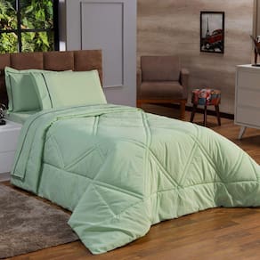 Kit Edredom Liso Milano Dupla Face Solteiro 02 Cor Verde