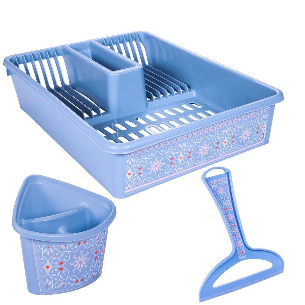 Kit pia escorredor de talheres, de louças e rodinho azul floral Plasutil