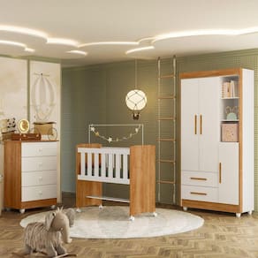 Quarto de Bebê Completo com Cômoda, Mini Berço e Guarda Roupas Lila Amadeirado/Branco