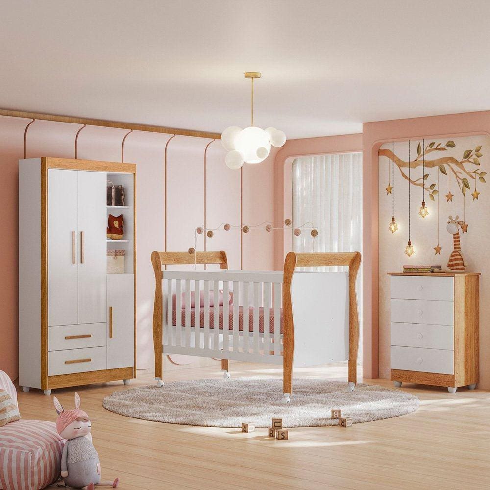 Quarto de Bebê Completo com Cômoda, Berço e Guarda Roupas Mia Branco/Amadeirado