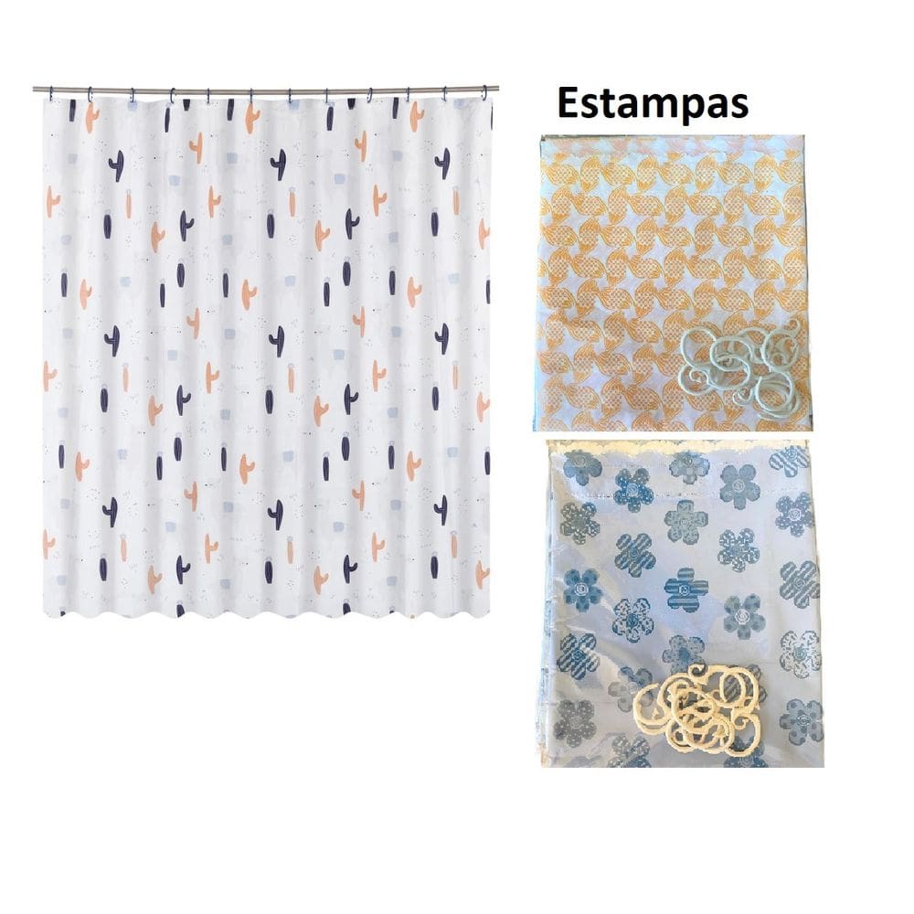 Cortina Box Banheiro Plástico estampada c/Ganchos 1,38x180cm