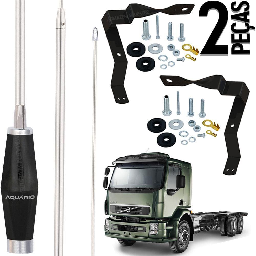 2 Antena Mini Maria Mole Inox Px 1,40m Alongador 60cm Suporte Dianteiro Volvo Vm Parafusos