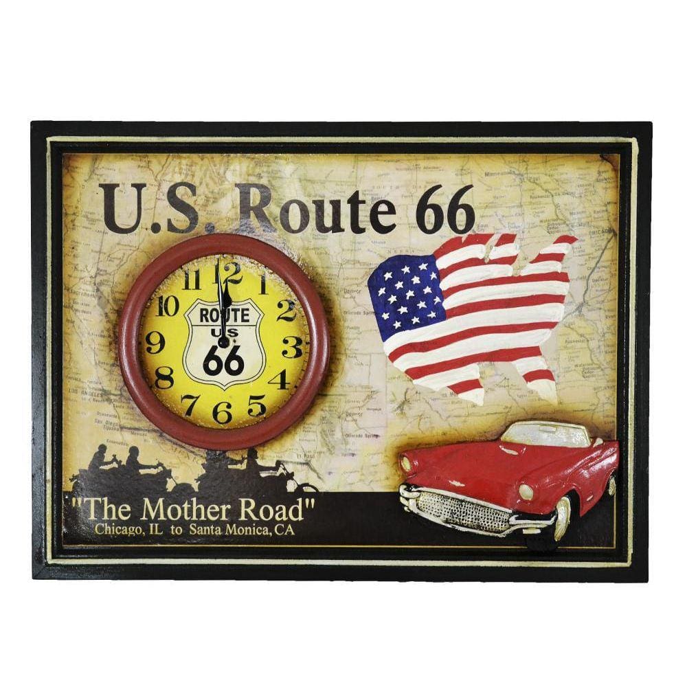 Quadro Madeira Decorativo Retro Rota 66 Com Carro E Relógio