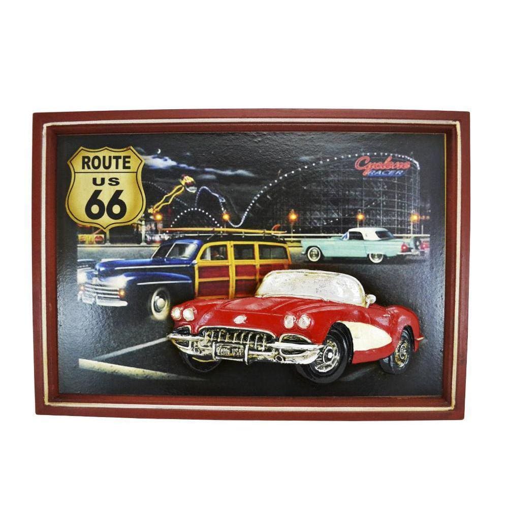 Quadro Madeira Decorativo Retro Rota 66 Com Carro