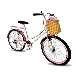 Bicicleta Aro 26 retrô cesta 6 marchas mary branco com rosa