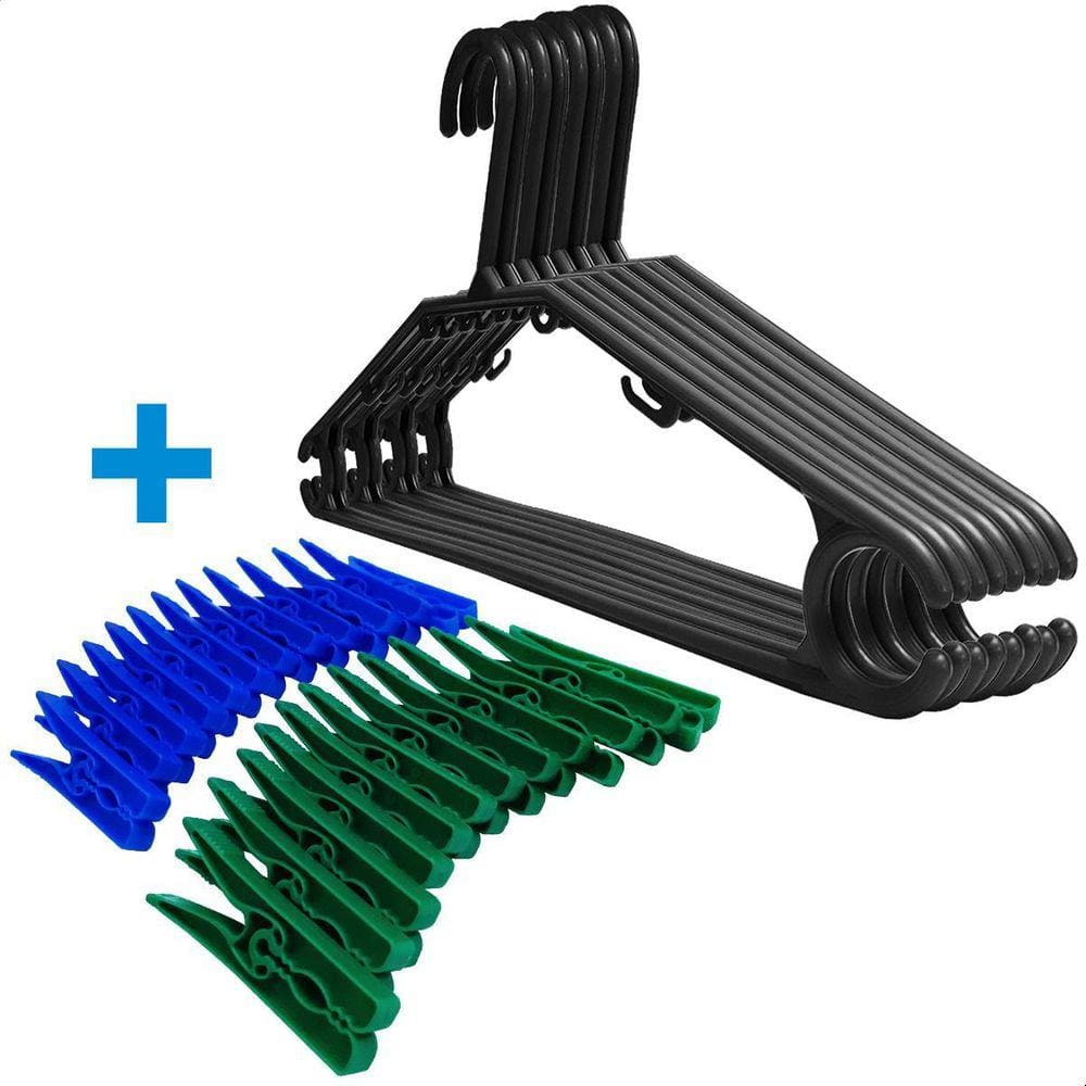 Kit Com 60 Cabides Reforçados Preto E 24 Super Prendedores