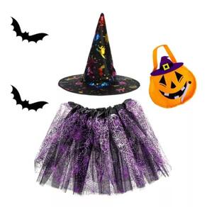 Fantasias Bruxinha Kit Saia de Tule Chapéu Bolsinha Abobora Hallowen