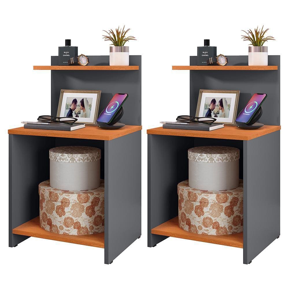 Conjunto 2 Mesinhas Lateral Cama Nicho Decoração Mesa Cabeceira Prateleira Suspensa Organizadora Quarto-Cinza/Cinamomo- RPM Móveis