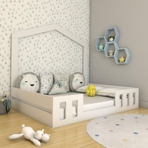Cama Casal Infantil com Casinha Montessori Play Timber Branco