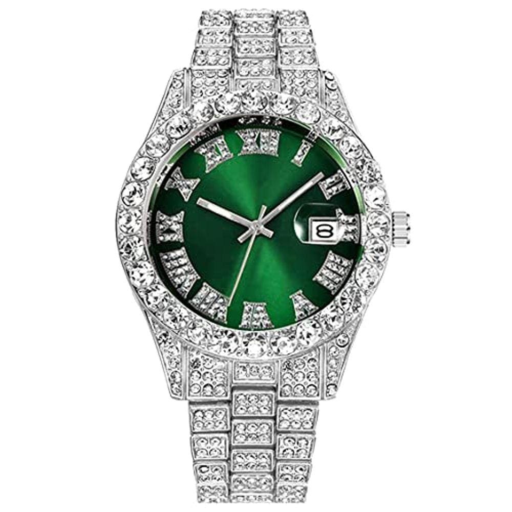 Relógio de pulso masculino hip hop com diamantes, cristal strass e pulseira adornada, mostrador verde